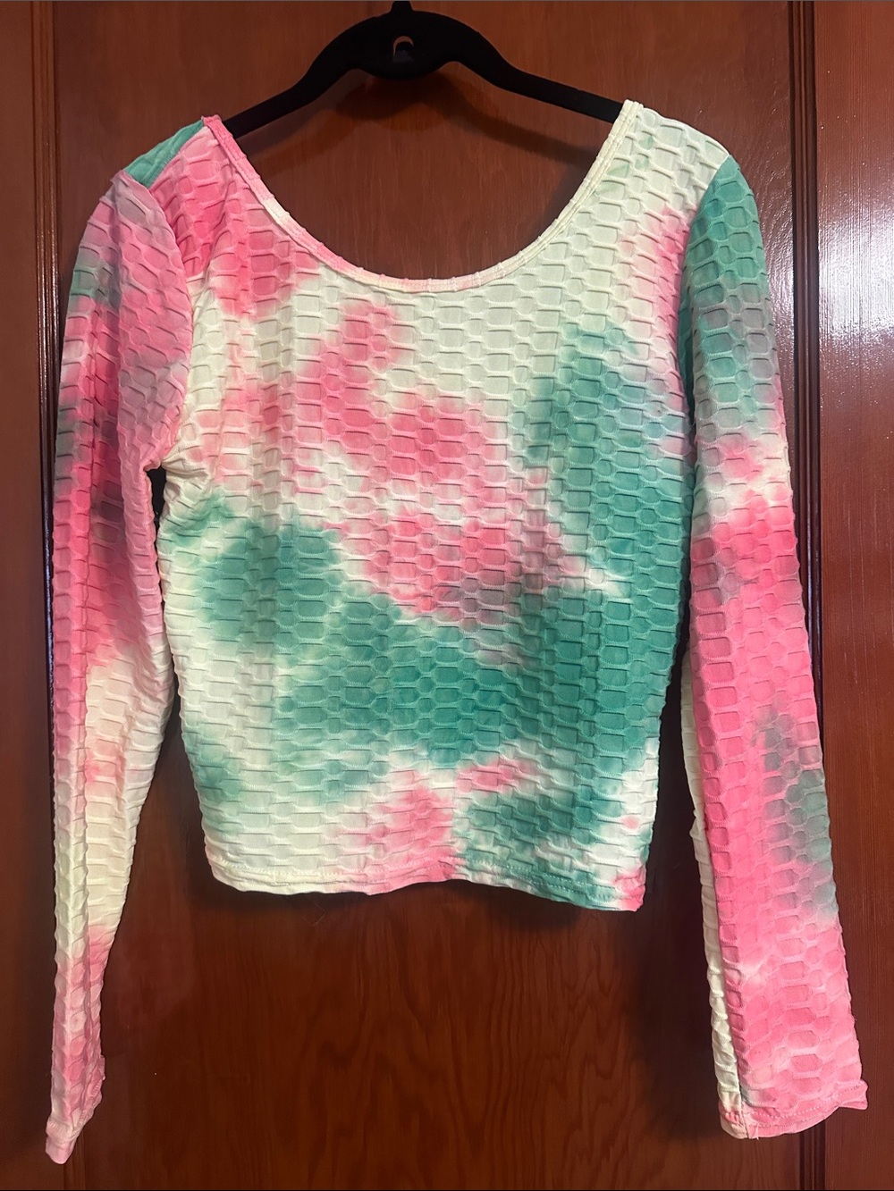 Women's Textured Long Sleeve Tie-Dye Top - Pink & Green